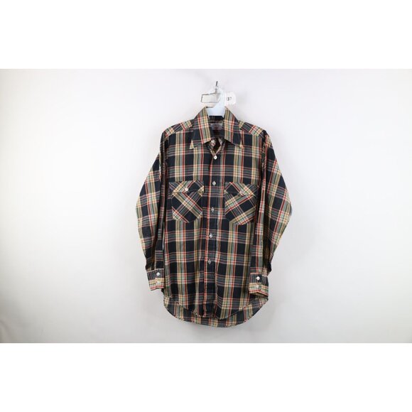 Vintage 70s Levis Mens Small Western Rainbow Plaid Collared Button Shirt USA - Picture 1 of 13